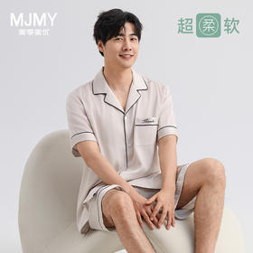 美季美优男士丝质刺绣短袖套装