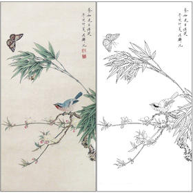 冯壁池花鸟工笔画白描底稿《花鸟草虫》竹子临摹勾线高清打印画稿CL07