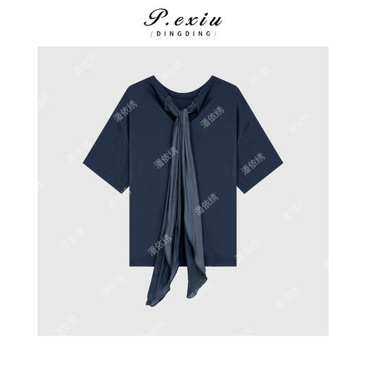 03-4潘依绣丁丁宠粉【蓝风铃】减龄氛围感圆领拼接系带短袖T恤W-62926 商品图1