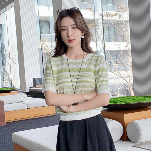 奢姿大码女装2025夏季减龄镂空条纹时尚针织衫胖妹妹圆领百搭上衣9652690354 商品图2
