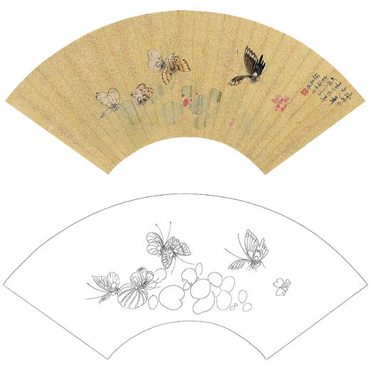 梁若珠花鸟工笔画白描底稿《花蝶图》扇面临摹勾线高清打印画稿CL17 商品图0