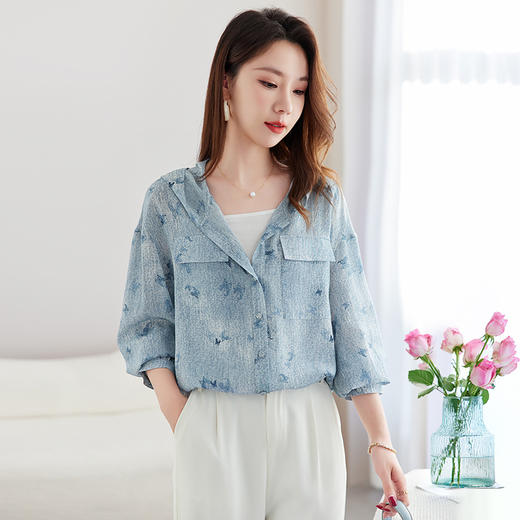 丁摩时尚连帽双绉真丝衬衫女长袖新款桑蚕丝印花大码宽松上衣AL9360 商品图0