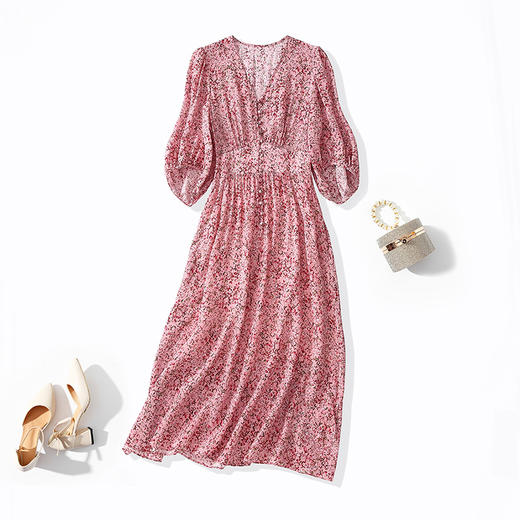 CS 80013碎花真丝连衣裙桑蚕丝收腰气质五分袖 商品图4