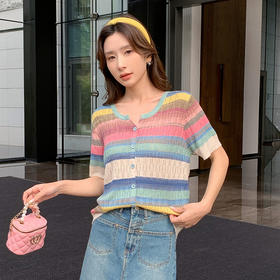奢姿大码女装2025夏季减龄彩虹条纹针织衫胖妹妹圆领时尚百搭上衣9652690353