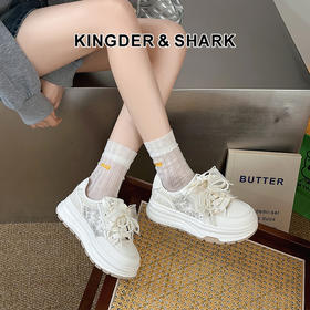 经典鲨2025夏蕾丝仙女风牛皮革甜美蝴蝶结透气厚底显高休闲鞋女KW326-529021