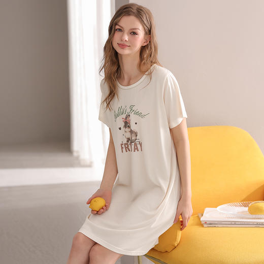 芬腾女士睡裙夏季薄款短袖睡衣中裙甜美少女可爱休闲家居服连衣裙 商品图3