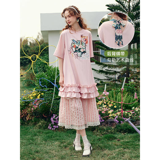 两三事万花欢歌2025夏季新款甜美荷叶边裙摆印花短款t恤裙连衣裙 商品图3