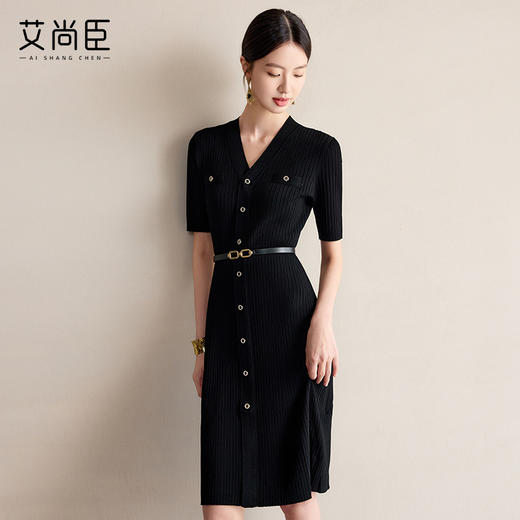黑色连衣裙女V领气质冰丝针织基础款收腰显瘦短袖裙子中长款 商品图1