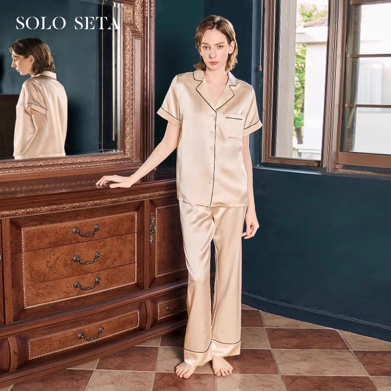 Solo seta重磅22姆米短袖真丝睡衣套装桑蚕丝绸长裤家居服秋冬