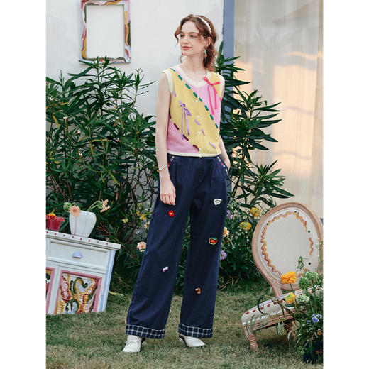 两三事 蝶翼梦境 2025夏季新款抽绳绑带拼色无袖针织开衫女宽松 商品图3