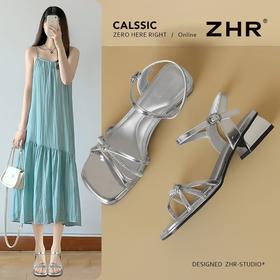 ZHR时尚一字凉鞋2025新款洋气ins水钻凉鞋百搭仙女风粗跟凉鞋轻便