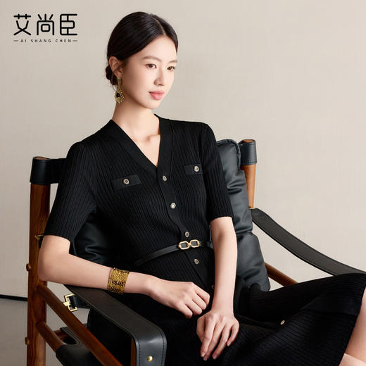 黑色连衣裙女V领气质冰丝针织基础款收腰显瘦短袖裙子中长款 商品图3