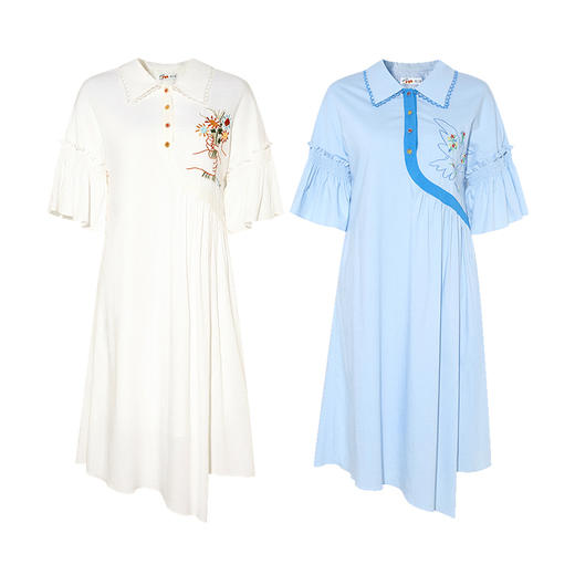 两三事蓝昼诗行2025夏季新款小清新刺绣喇叭袖不规则衬衫裙连衣裙 商品图4