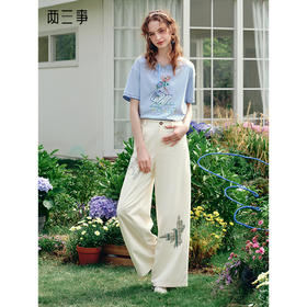 两三事 低空飞行 2025夏季新款复古印花刺绣直筒休闲裤女宽松