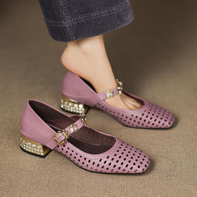 【预售5天】法式优雅镂空方头粗跟头层牛皮夏季浅口单鞋HCYYHD&6039