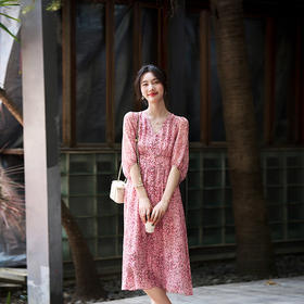 CS 80013碎花真丝连衣裙桑蚕丝收腰气质五分袖