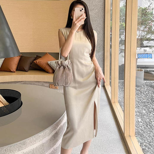 洛诗琳60005夏季高级感轻礼服侧开叉无袖A字醋酸连衣裙女82197 商品图3