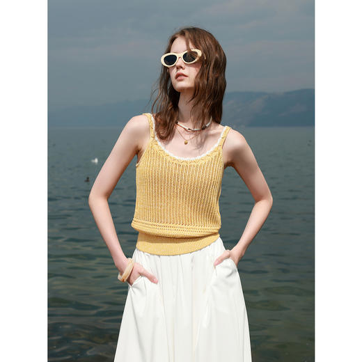 三彩2025夏季新款镂空针织吊带无袖背心短款内搭上衣套头度假M 商品图1