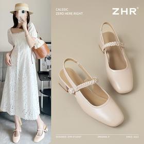 ZHR则则麦穗包头粗跟凉鞋女2025夏法式小香风单鞋一字带玛丽珍鞋