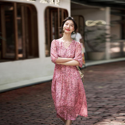 CS 80013碎花真丝连衣裙桑蚕丝收腰气质五分袖 商品图3