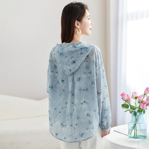 丁摩时尚连帽双绉真丝衬衫女长袖新款桑蚕丝印花大码宽松上衣AL9360 商品图3