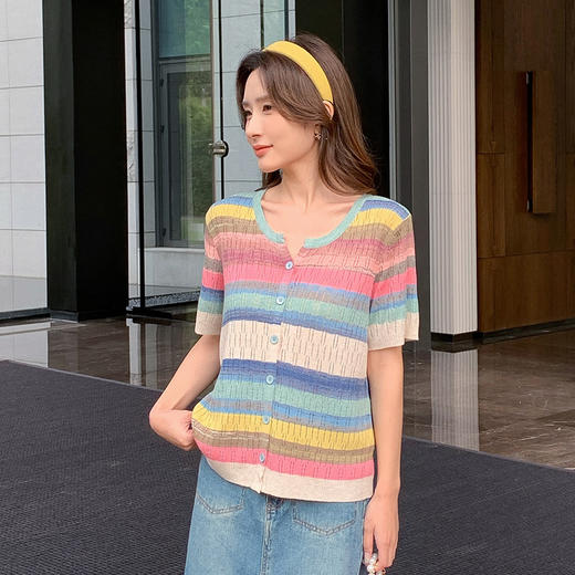 奢姿大码女装2025夏季减龄彩虹条纹针织衫胖妹妹圆领时尚百搭上衣9652690353 商品图4