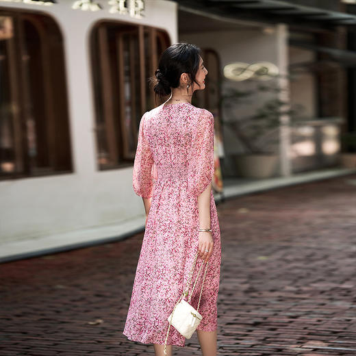 CS 80013碎花真丝连衣裙桑蚕丝收腰气质五分袖 商品图2