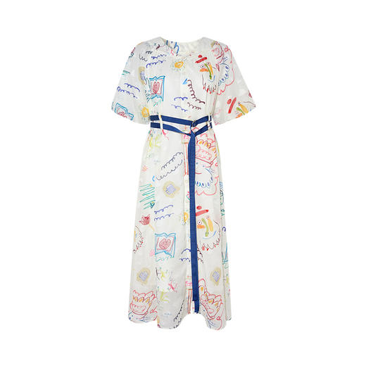 两三事 眸间宙域 2025夏季新款复古涂鸦印花泡泡袖绑带连衣裙 商品图4