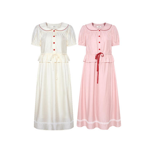 两三事 纯澈引力 2025夏季新款小清新拼色纽扣绑带a字连衣裙 商品图4