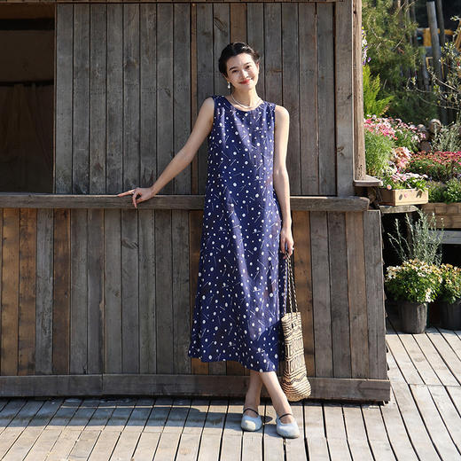 绽放旅行女装242朵/流星裙双支数亚麻底布星空印花无袖背心长裙 商品图1