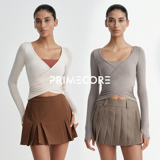 PRIMECORE 抓褶式运动上衣V领休闲修身显瘦长袖 商品图0