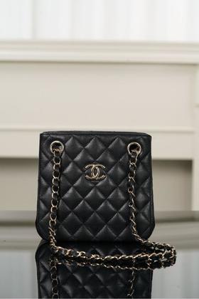 CHANEL香奈儿25Cminitote金色金属品牌微标Logo亮面粒纹小牛皮（HH）