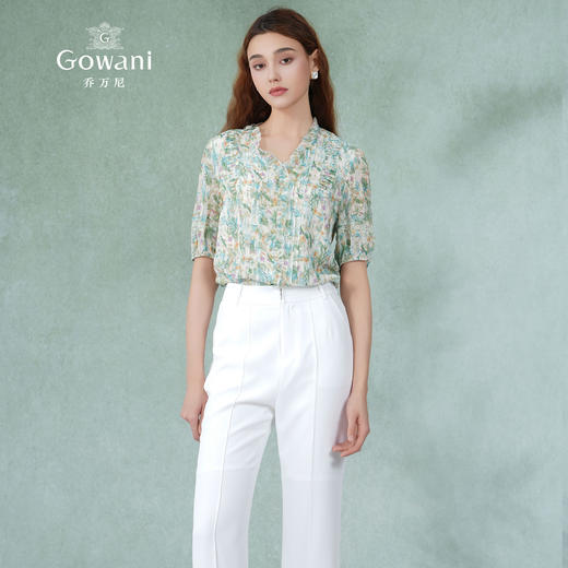 乔万尼短袖衬衫100%真丝桑蚕丝法式压褶设计EM2C835 商品图1