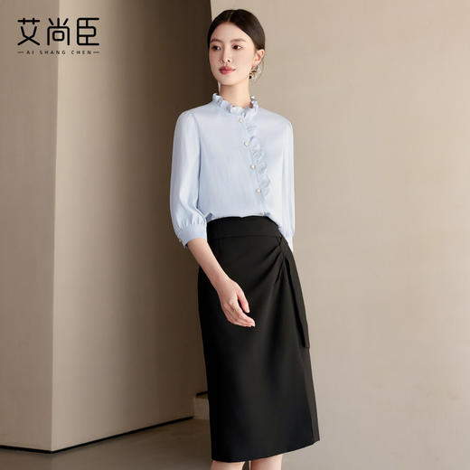 艾尚臣木耳边衬衫女2025夏新款七分袖纯色上衣高级感减龄洋气衬衣 商品图4