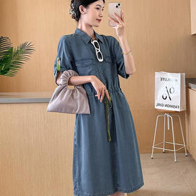 洛诗琳62835夏季新款休闲收腰系带薄款天丝牛仔连衣裙女1190