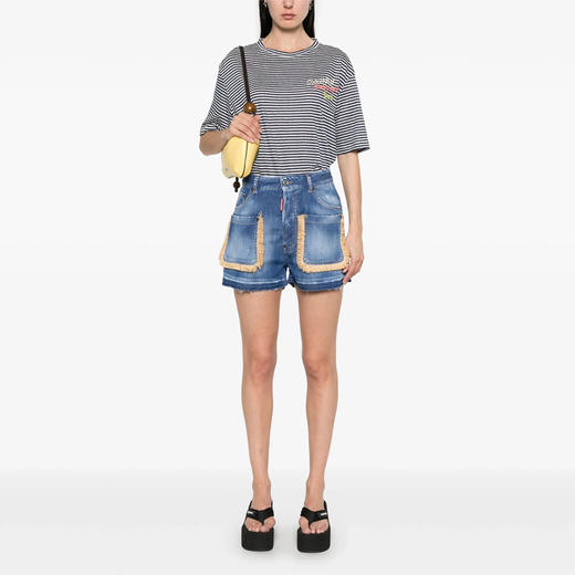 DSQUARED2 女士拉菲草休闲牛仔短裤 浅蓝色 S73MU0237 S30341 470 商品图3