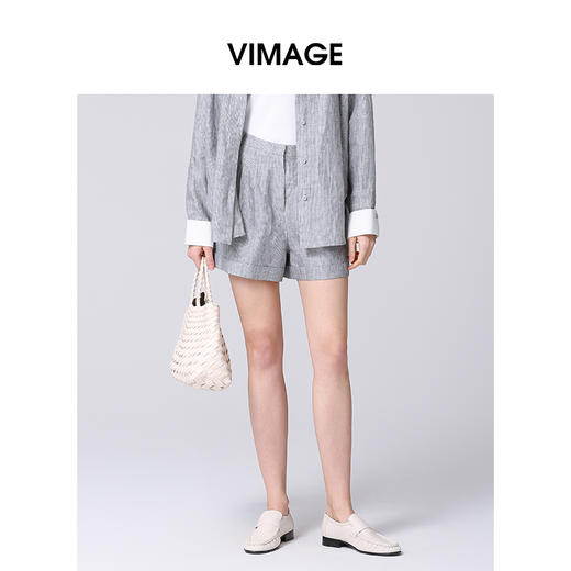 VIMAGE纬漫纪亚麻时尚摩登舒适灰色休闲宽松直筒短裤2025夏季新款V2305930 商品图0