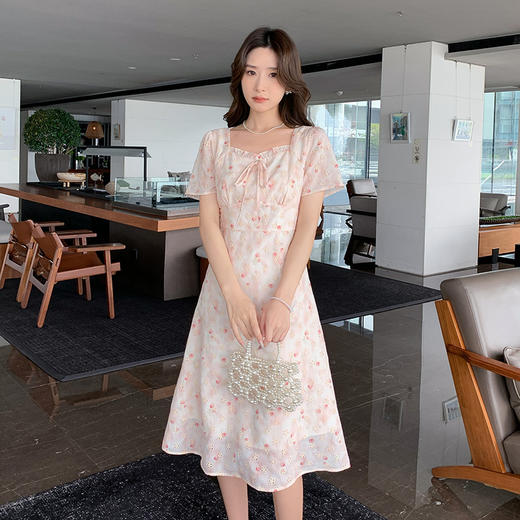 奢姿大码女装2025夏季时尚方领短袖连衣裙胖妹妹气质碎花系带裙子9952869666 商品图4