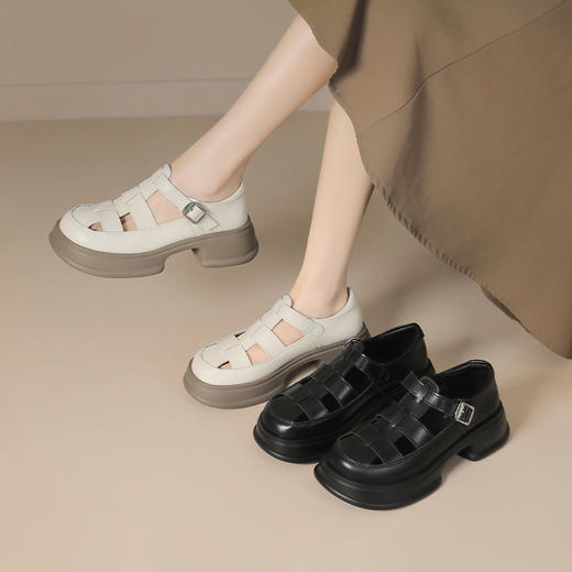 ZHR女鞋2025夏季新款厚底罗马凉鞋女真皮鞋子复古镂空包头猪笼鞋 商品图0
