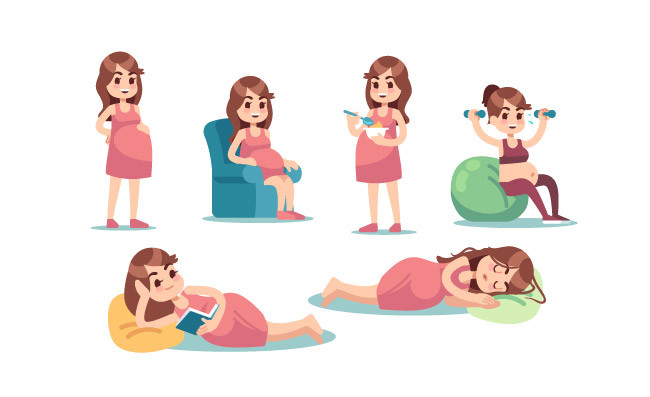 怀孕快乐妈妈做运动站立年轻人怀孕女性矢量_漫品狗_MG动画短片素材_flash源文件_动漫矢量图免费素材网