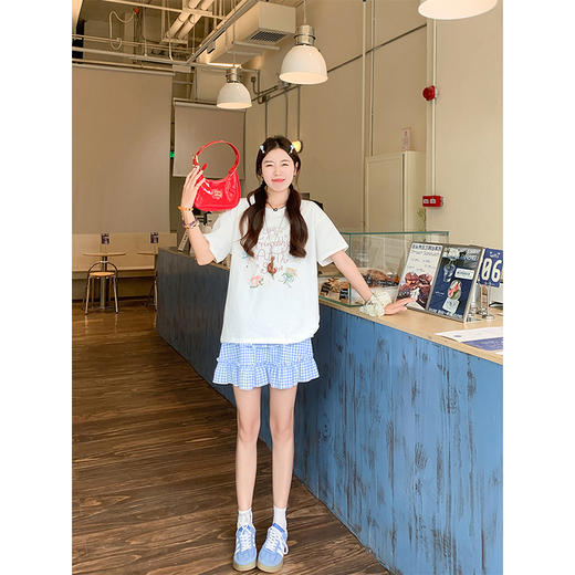 <曾小咸推荐>韩系甜美蓝格高腰显瘦蛋糕裙A字半身裙 商品图3