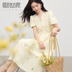 【专属特价】熙世界绣花V领连衣裙女收腰显瘦淡人穿搭法式茶歇裙2025夏季新款
