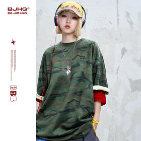 BJHG不计后果 迷彩短袖t恤女夏季潮仿麂皮绒美式高街宽松复古上衣