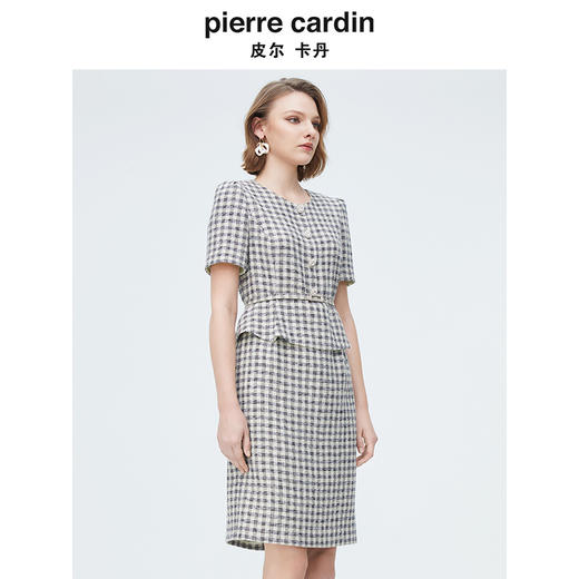 [皮尔卡丹女装]连衣裙羊毛提花千鸟格纹通勤假两件 商品图1