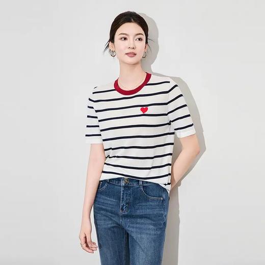 【高货wl】全新升级【铂金会员183/天猫239/差价56】(05322) 洛诗琳爱心刺绣撞色条纹16针机四平密织桑蚕丝针织上衣 商品图3
