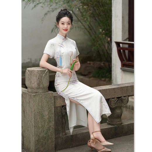 GX中国风仿醋酸印花旗袍2025夏季新款复古风中式素雅年轻女士旗袍裙 商品图2