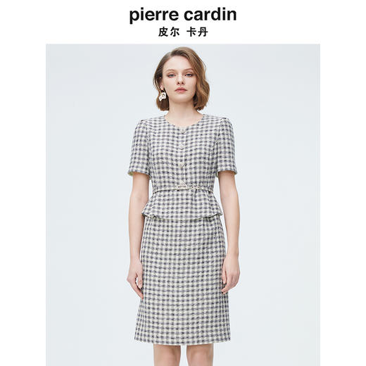 [皮尔卡丹女装]连衣裙羊毛提花千鸟格纹通勤假两件 商品图0