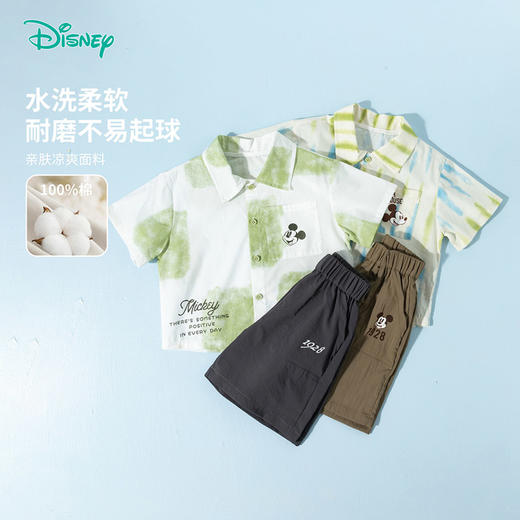 迪士尼童装夏季米奇印花衬衫短裤两件套男童帅气仿扎染短袖套装ZD2ET016 商品图6