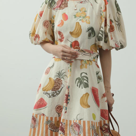 洛诗琳21714气质亚麻连衣裙2025夏季定位印花灯笼袖收腰裙子0368 商品图2