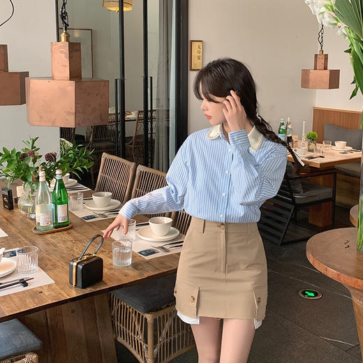 金蘑菇菇 Jennifer‘s fall / 柔焦少女 春日精致感条纹衬衫套装 商品图4